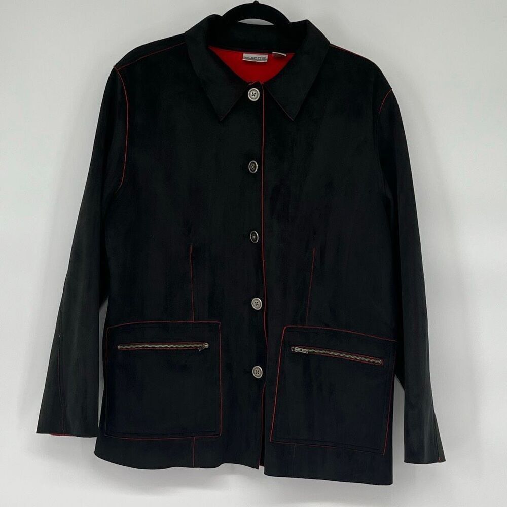 CHICO'S JacketβWomen's Size 2 Large Black Redβ Faux Suede Button Front Collared